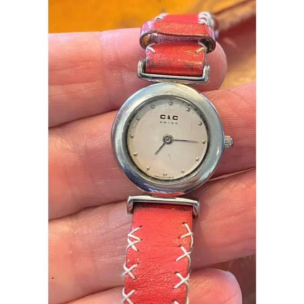 Women's 23mm Silver Tone C&C Swiss Watch, Red Leather Band